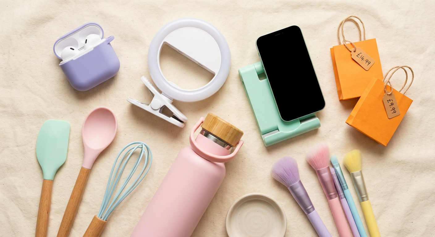Diversos achadinhos como fone bluetooth, garrafa térmica e acessórios de beleza